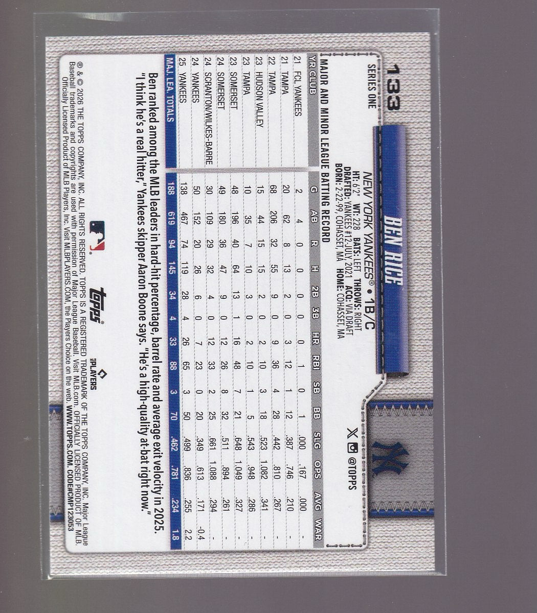 2026 Topps #133 Ben Rice Confetti