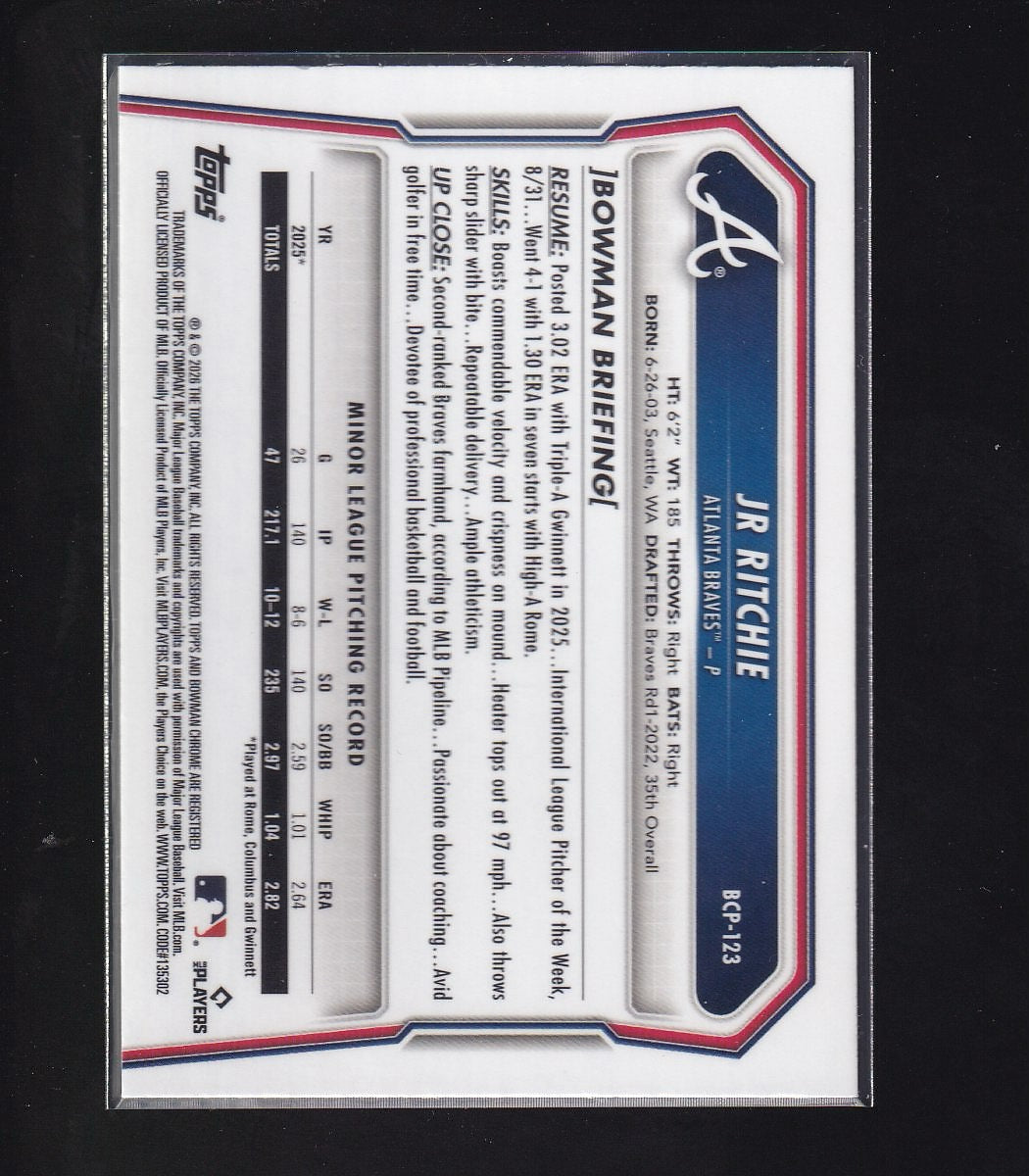 2026 Bowman #BCP-123 JR Ritchie Chrome Prospects Lazer Refractor
