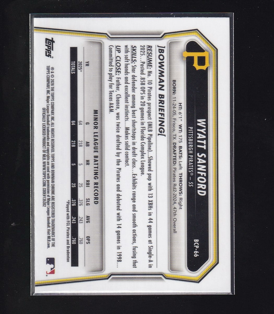 2026 Bowman #BCP-66 Wyatt Sanford Chrome Prospects Lazer Refractor