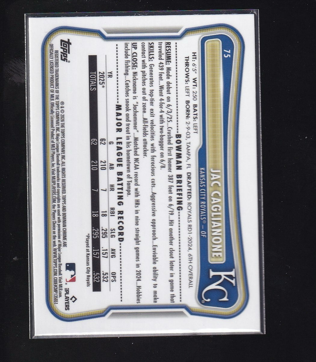 2026 Bowman #75 Jac Caglianone Chrome Mojo Refractors