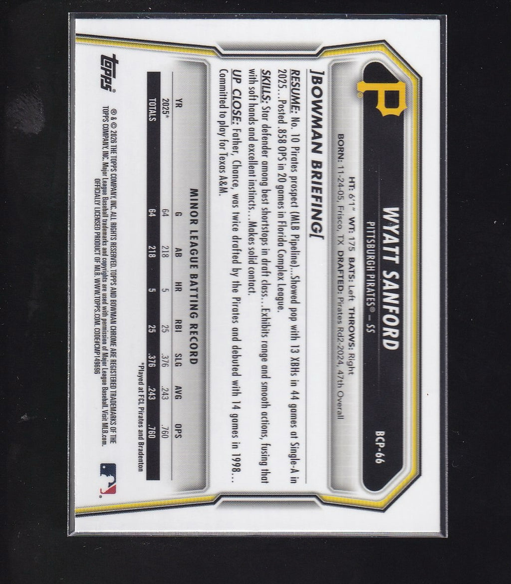 2026 Bowman #BCP-66 Wyatt Sanford Chrome Prospects Mojo Refractor