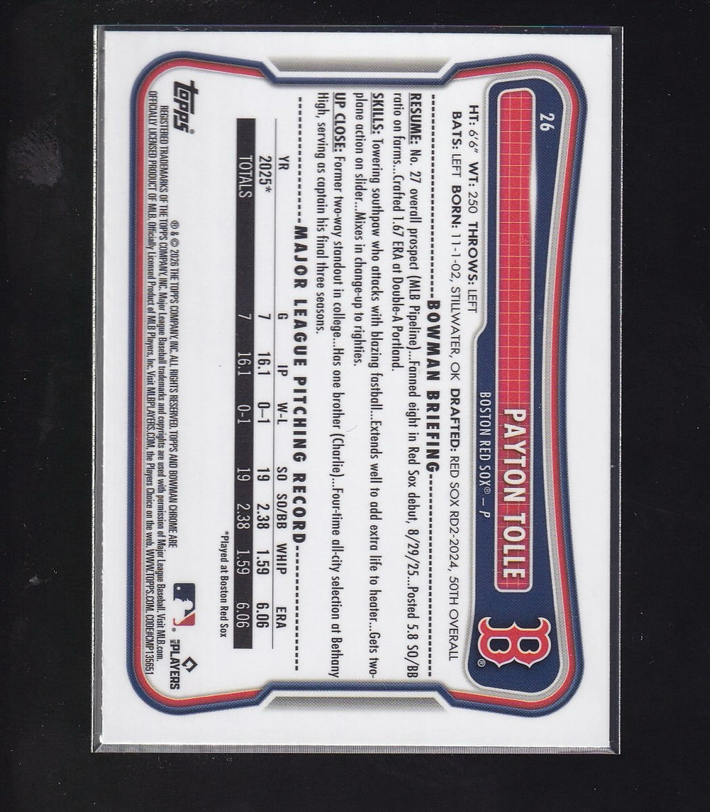 2026 Bowman #26 Payton Tolle Chrome Mojo Refractors