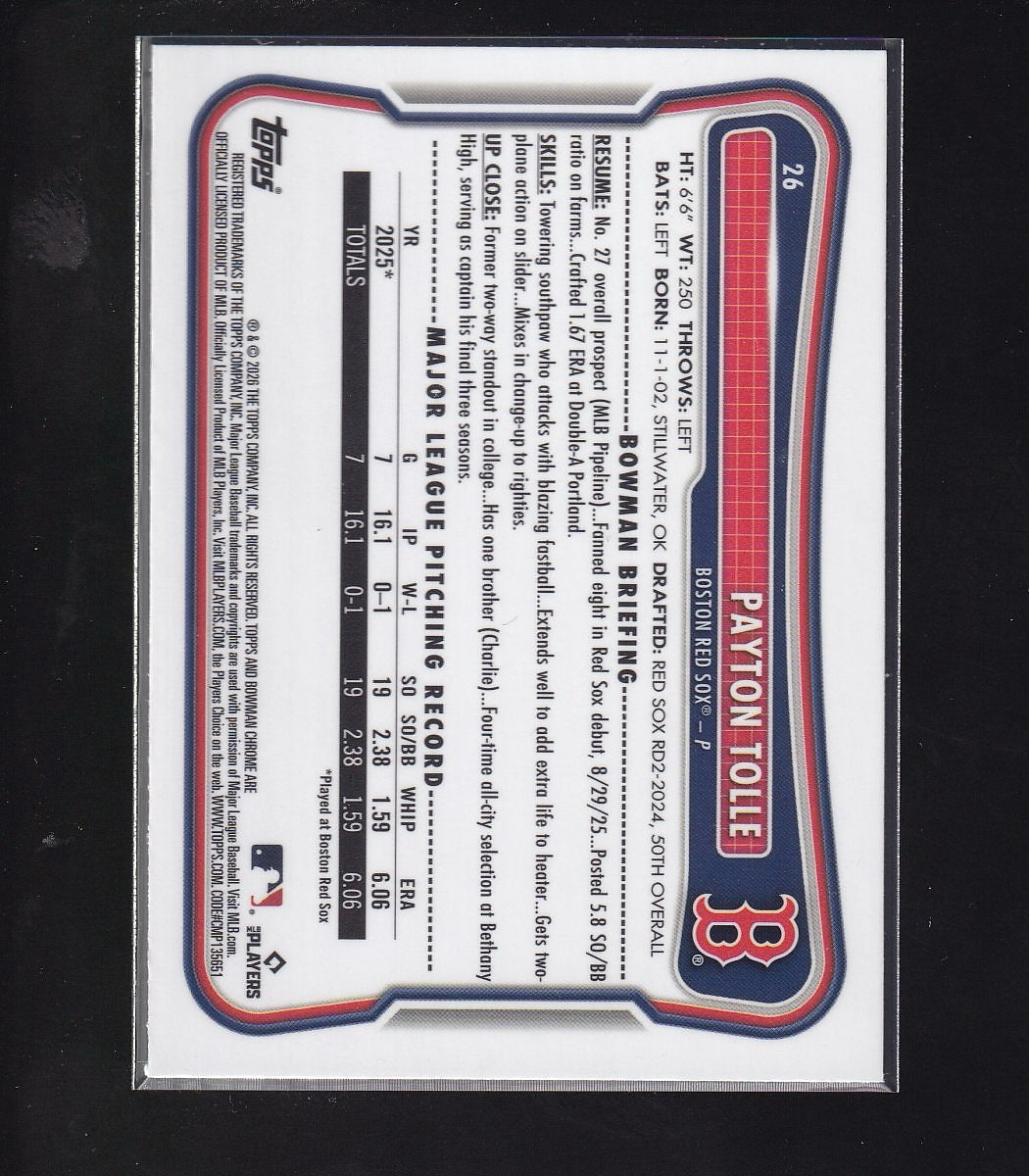 2026 Bowman #26 Payton Tolle Chrome Mojo Refractors