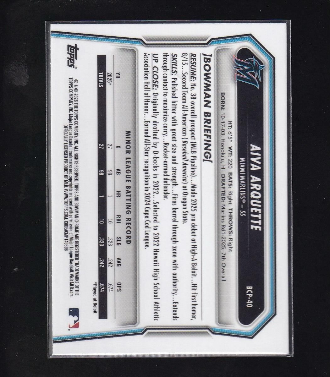 2026 Bowman #BCP-40 Aiva Arquette Chrome Prospects Mojo Refractor