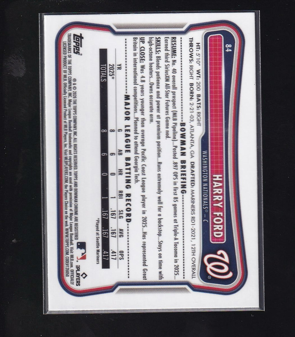2026 Bowman #84 Harry Ford Rookie Red RC Logo