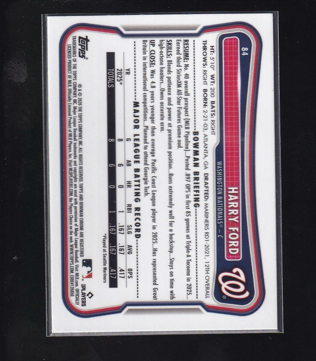 2026 Bowman #84 Harry Ford Rookie Red RC Logo