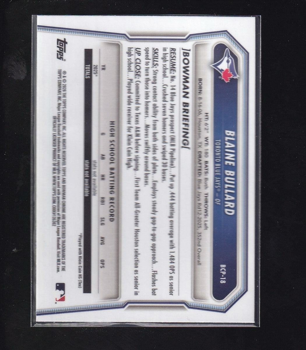 2026 Bowman #BCP-18 Blaine Bullard Chrome Prospects