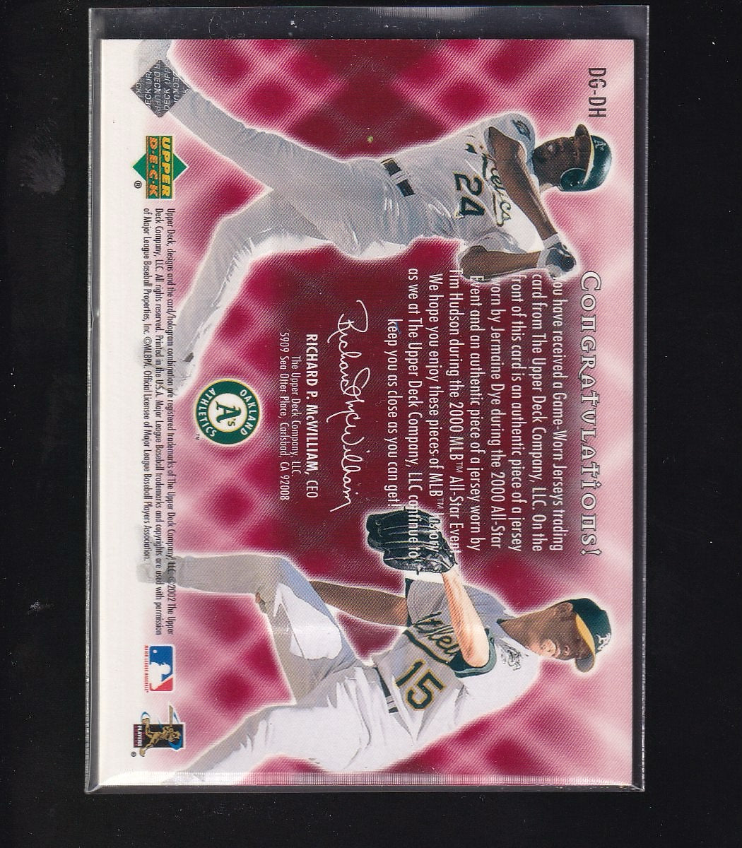 2002 Upper Deck #DG-DH Jermaine Dye / Tim Hudson Double Game-Worn Gems #/450