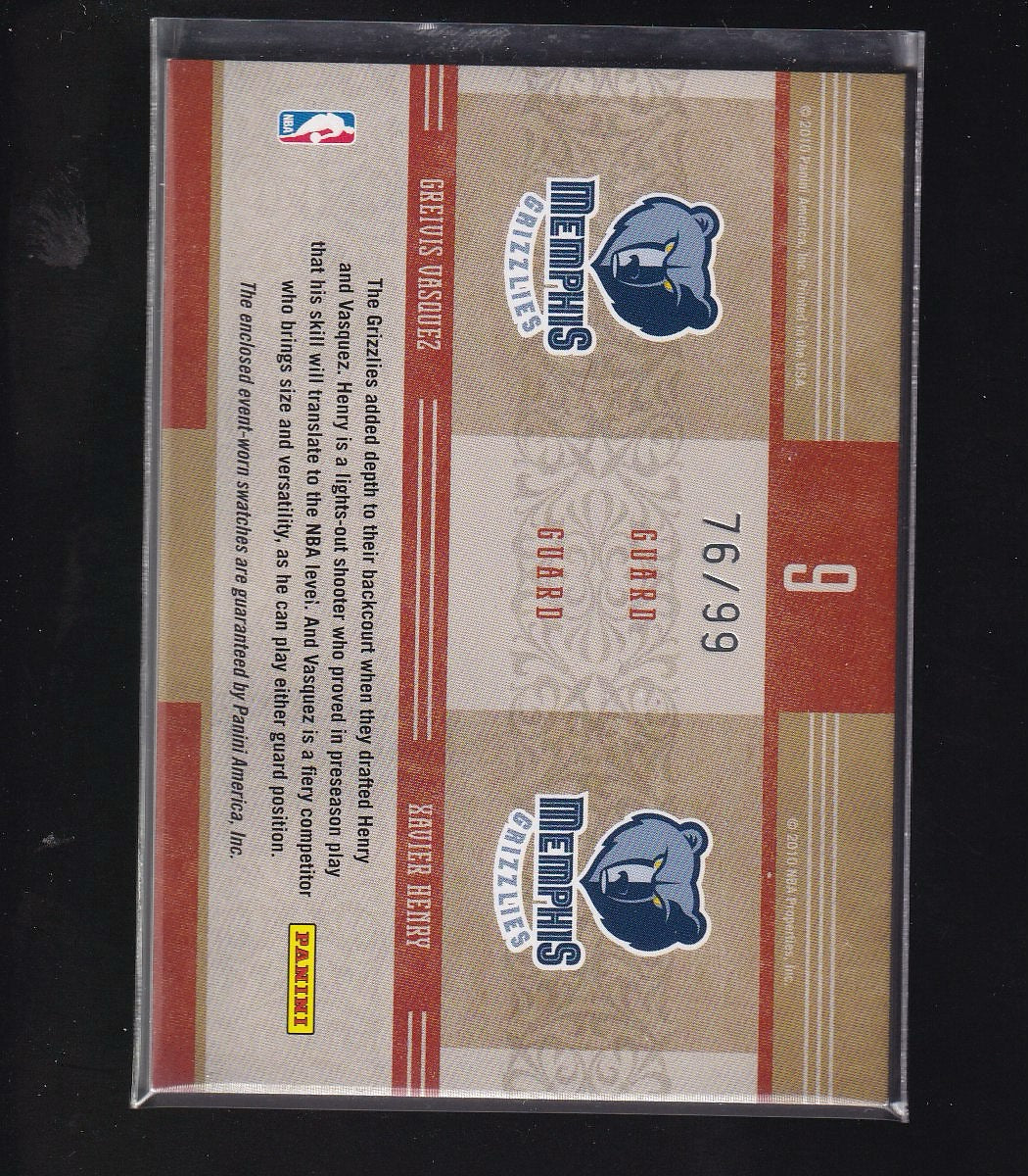 2010 Timeless Treasures #9 Greivis Vasquez / Xavier Henry Appr Materials #/99