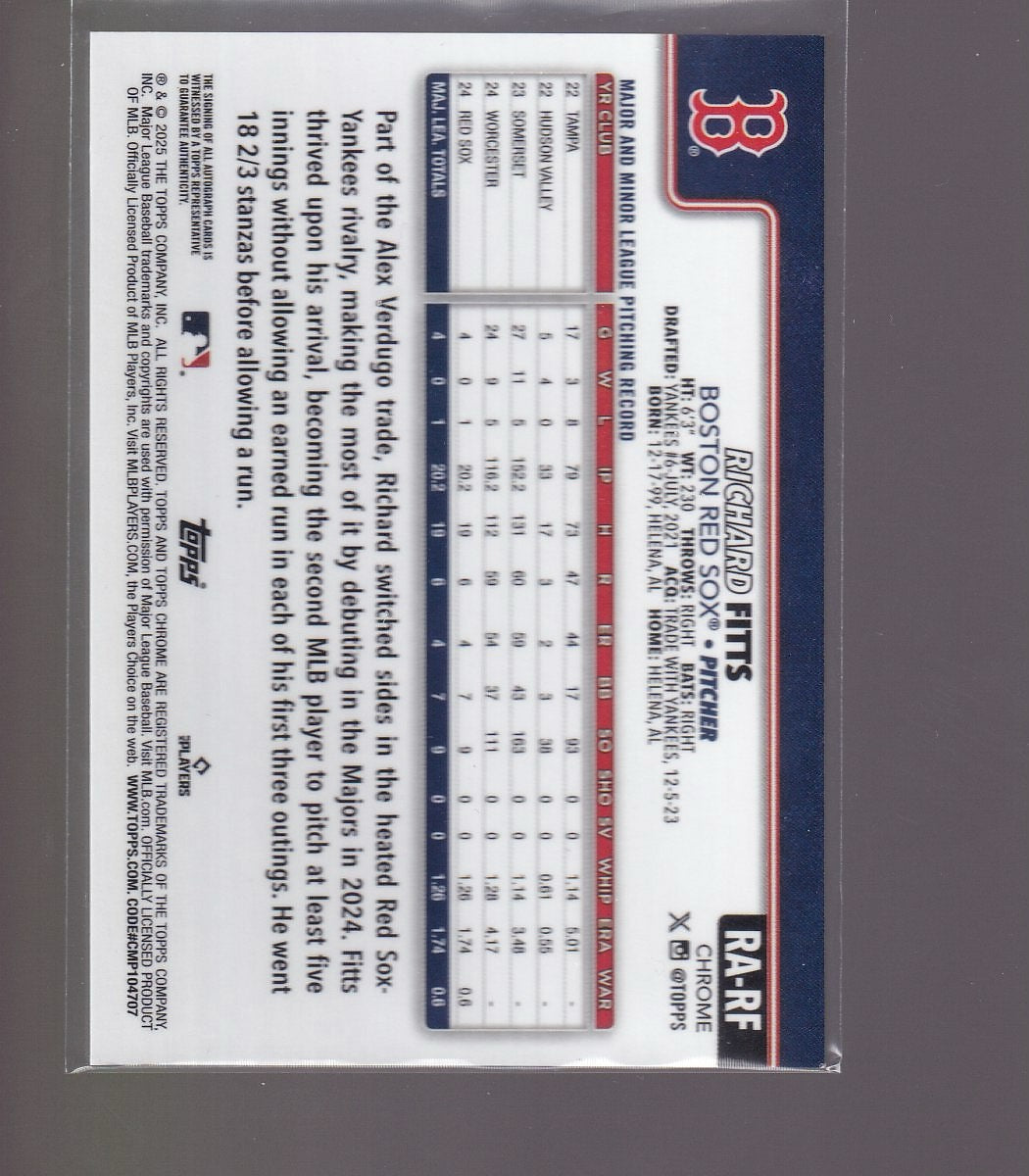 2025 Topps Chrome #RA-RF Richard Fitts Rookie Autographs