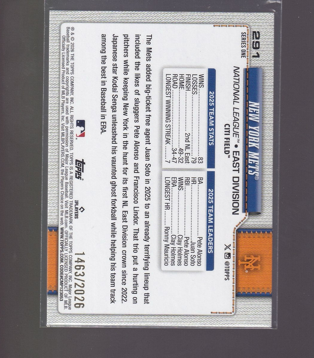 2026 Topps #291 New York Mets Gold #/2026