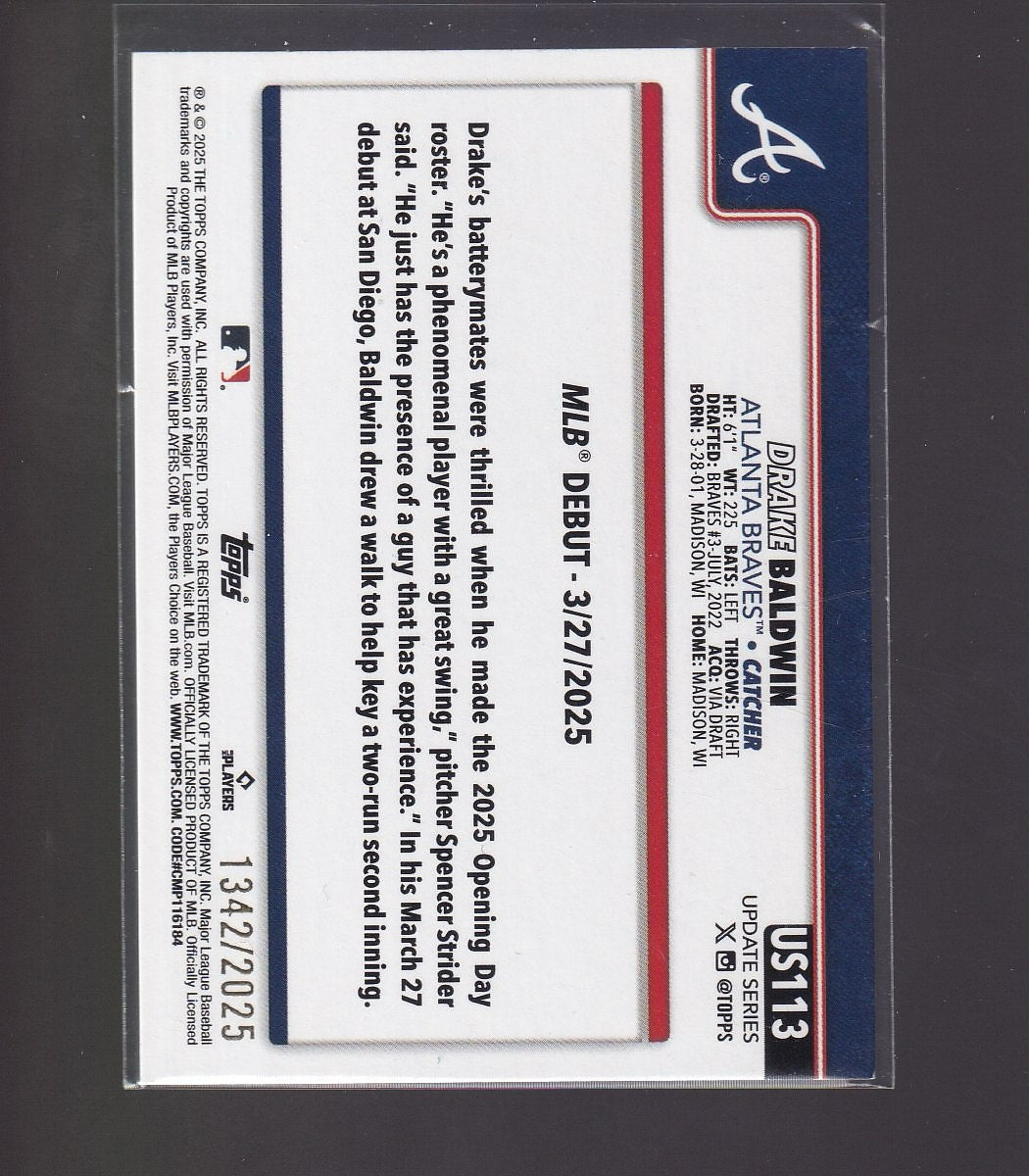2025 Topps Update #US113 Drake Baldwin Gold #/2025