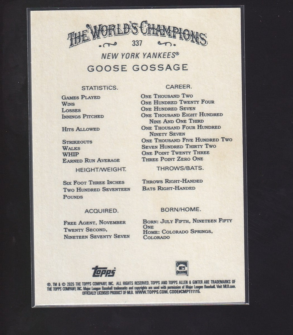 2025 Topps Allen & Ginter #337 Goose Gossage Foil Filagree Gold #/50