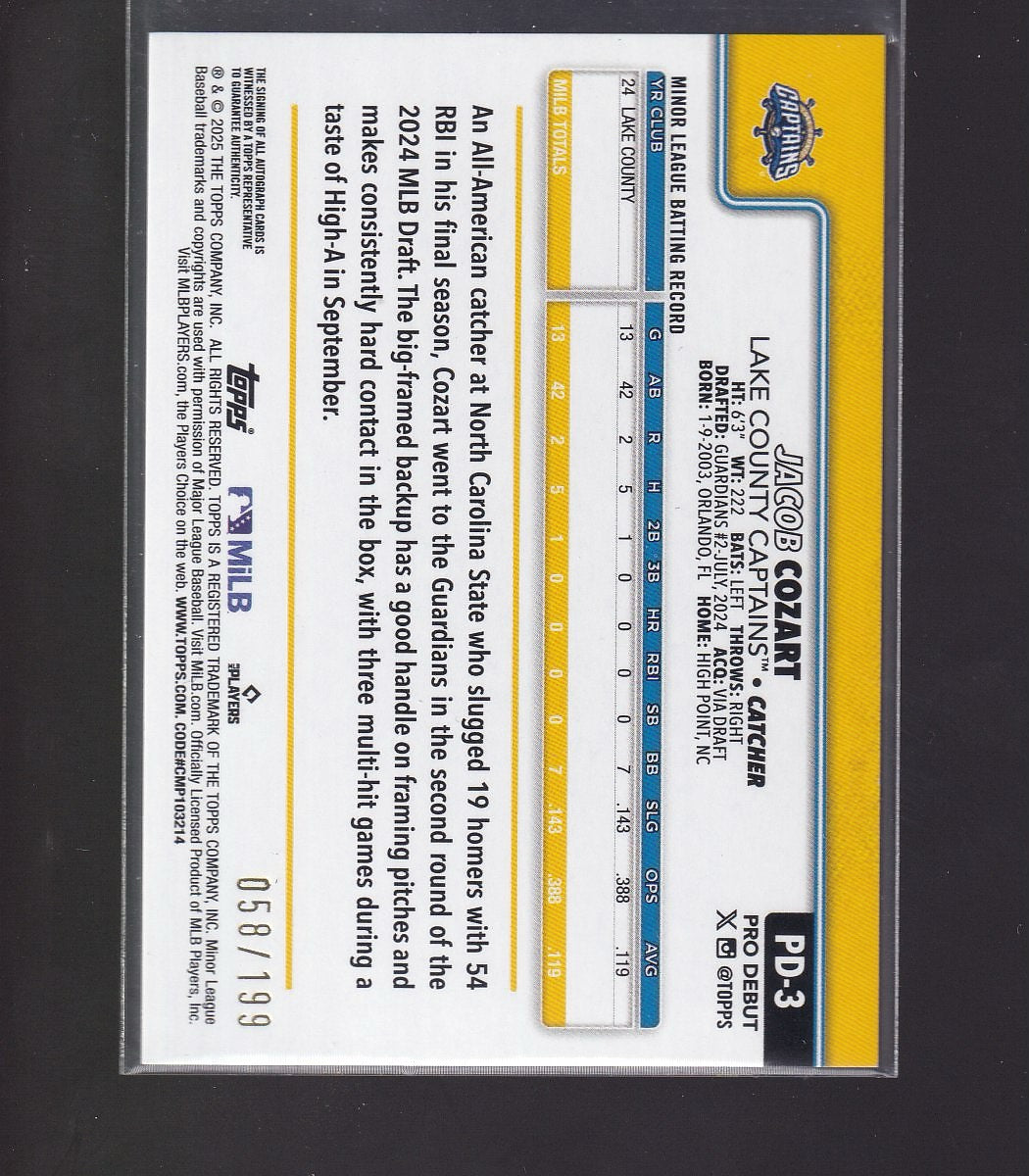 2025 Topps Pro Debut #PD-3 Jacob Cozart Base Autographs Fuchsia Foil #/199