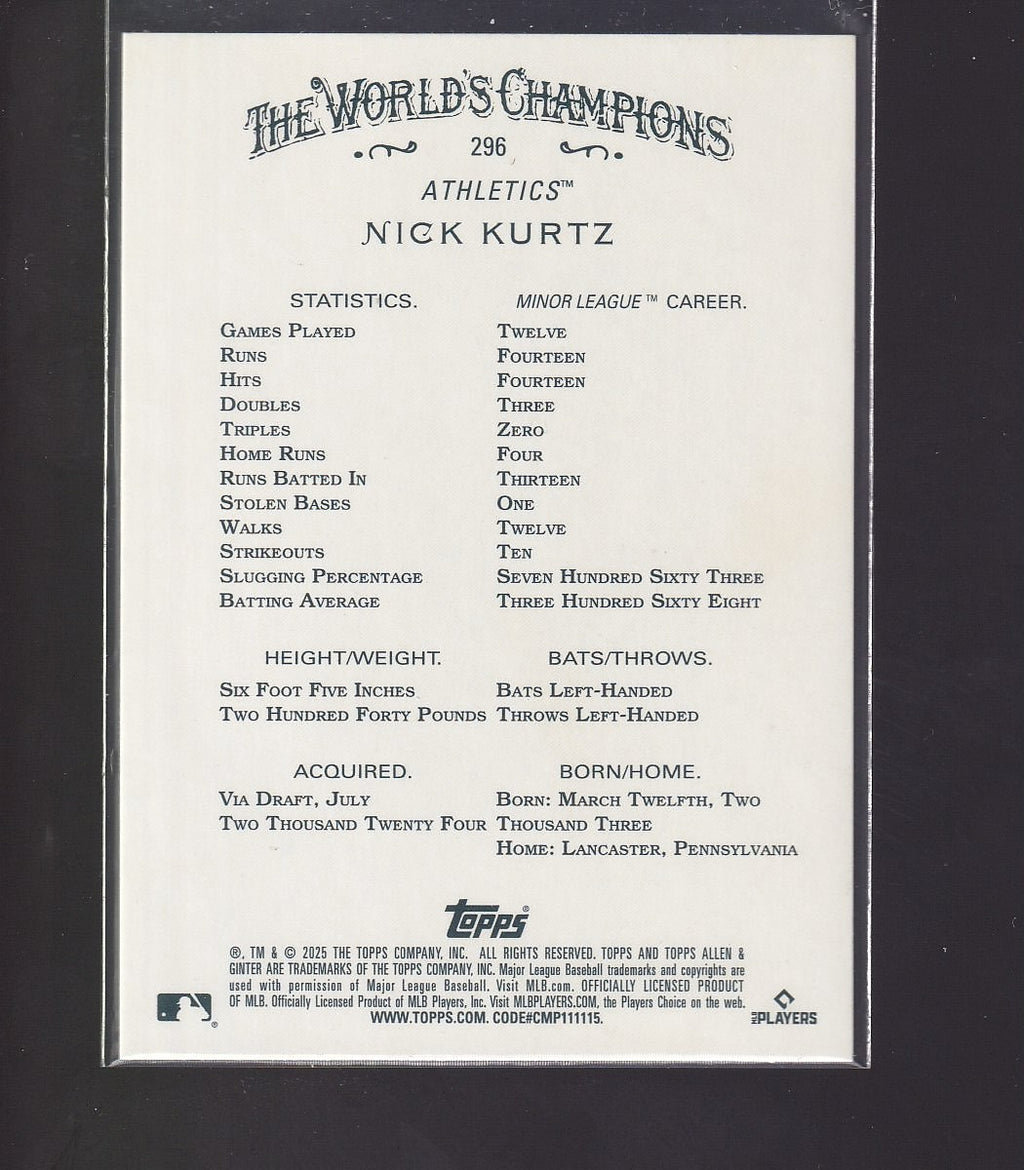 2025 Topps Allen & Ginter #296 Nick Kurtz Silver Portrait