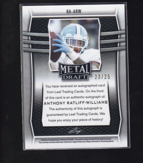 2019 Leaf Metal Draft #BA-ARW Anthony Ratliff-Williams Purple #/25