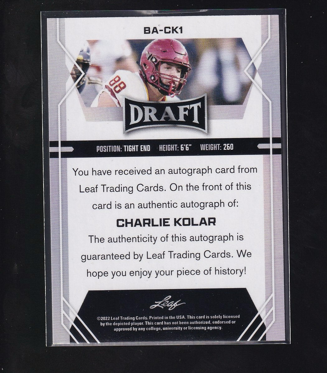 2022 Leaf Draft #BA-CK1 Charlie Kolar Autographs
