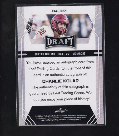 2022 Leaf Draft #BA-CK1 Charlie Kolar Autographs