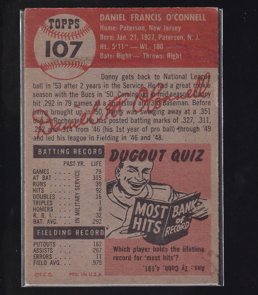 1953 Topps #107b Danny O'Connell : Bio uses black text