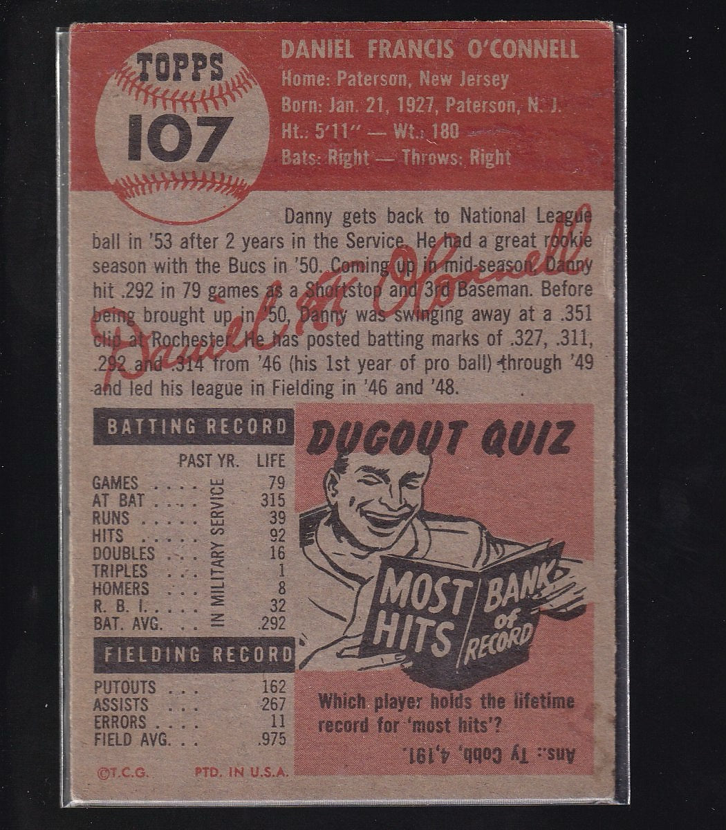 1953 Topps #107b Danny O'Connell : Bio uses black text