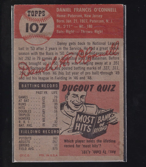1953 Topps #107b Danny O'Connell : Bio uses black text
