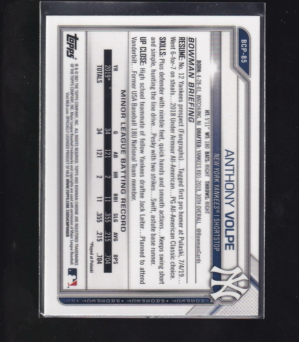 2021 Bowman Sapphire Edition #BCP-85 Anthony Volpe