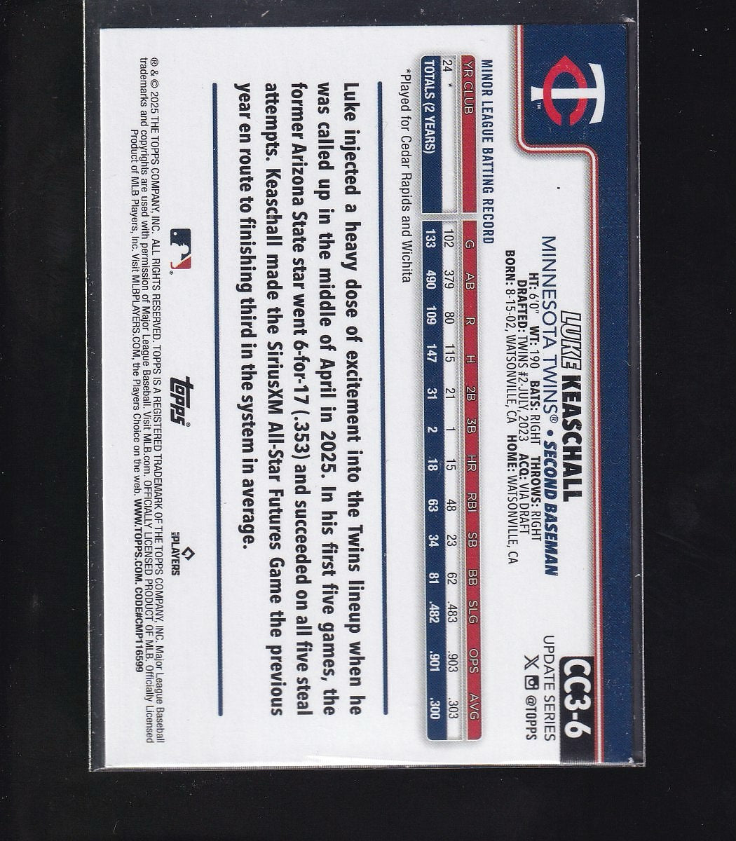 2025 Topps Update #CC3-6 Luke Keaschall-Superbox Companion Card