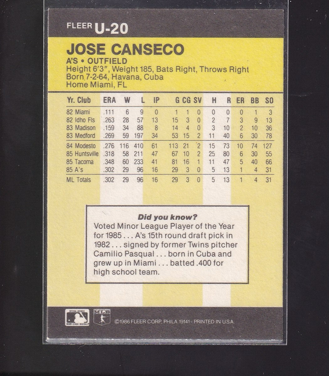 1986 Fleer Update #U-20 Jose Canseco
