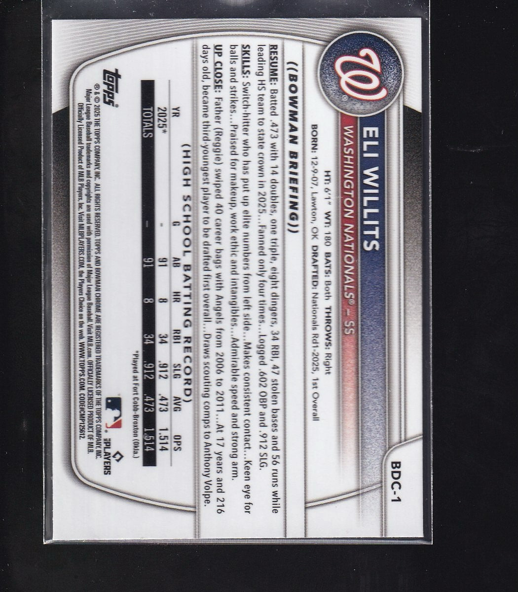 2025 Bowman Draft #BDC-1 Eli Willits Chrome