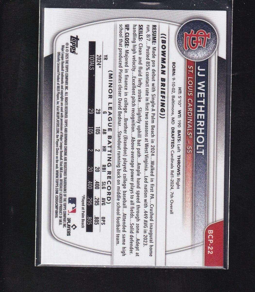 2025 Bowman #BCP-22 JJ Wetherholt Chrome Prospects
