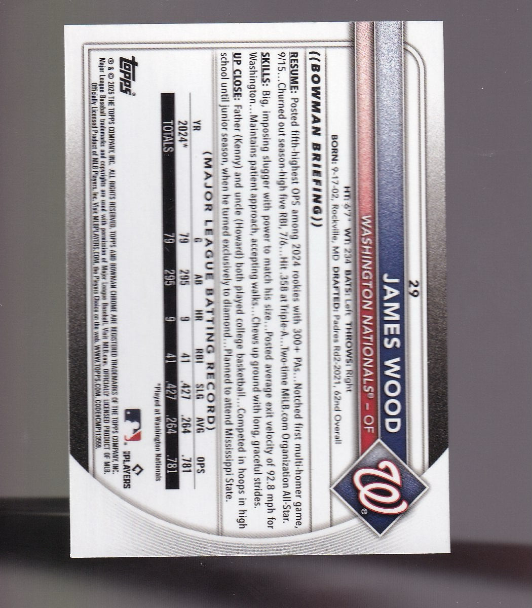 2025 Bowman #29 James Wood Bowman Chrome Red Rookie Logo