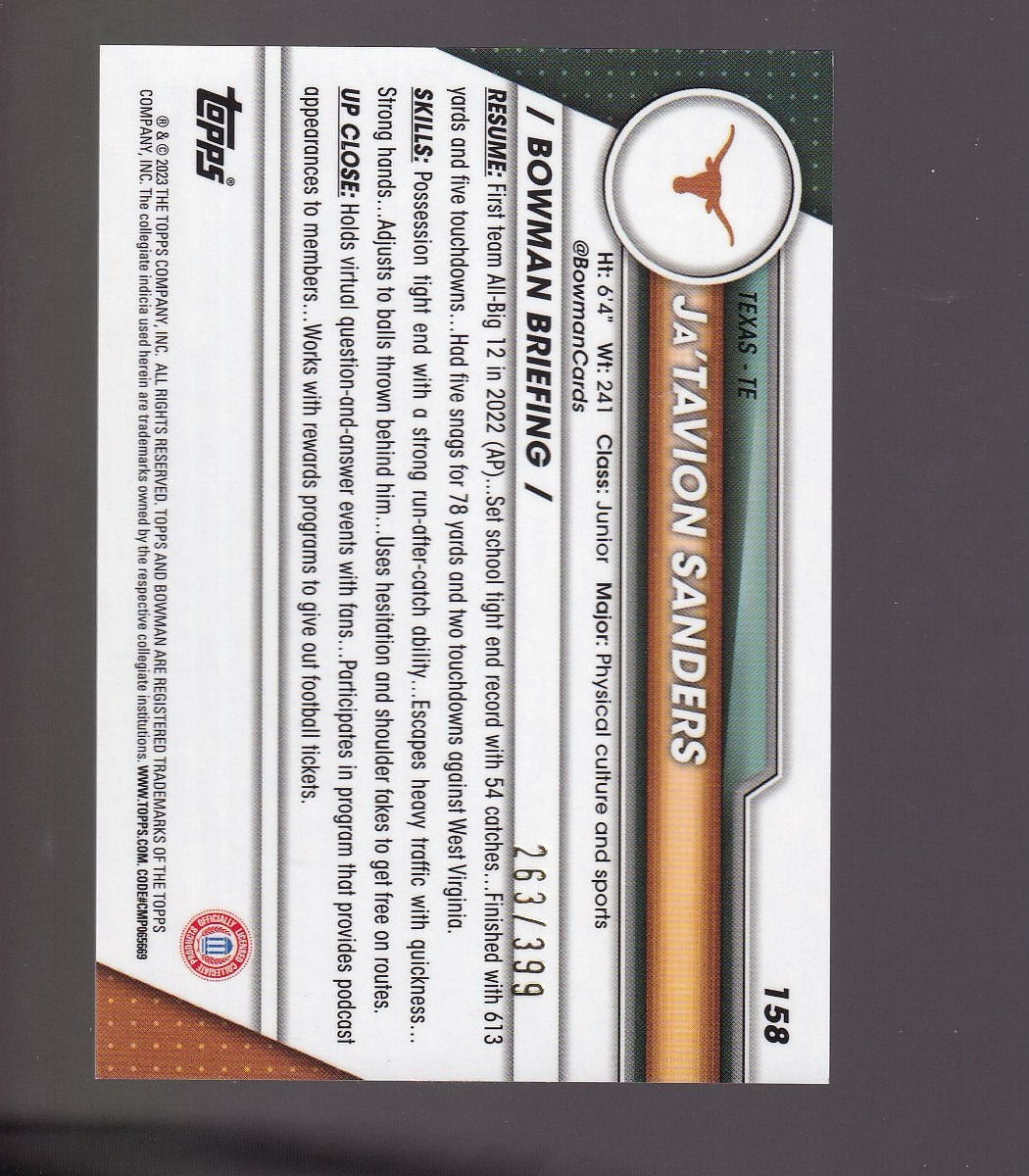 2023 Bowman University Chrome #158 Ja'Tavion Sanders Purple Refractor #/399