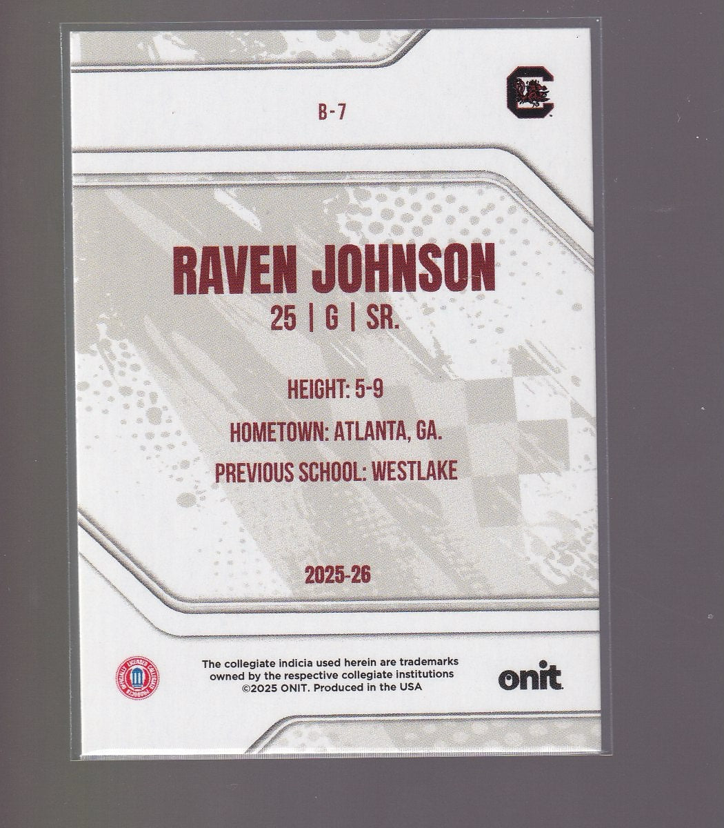 2025-26 ONIT Athlete South Carolina Gamecocks Women #B-7 Raven Johnson Purple