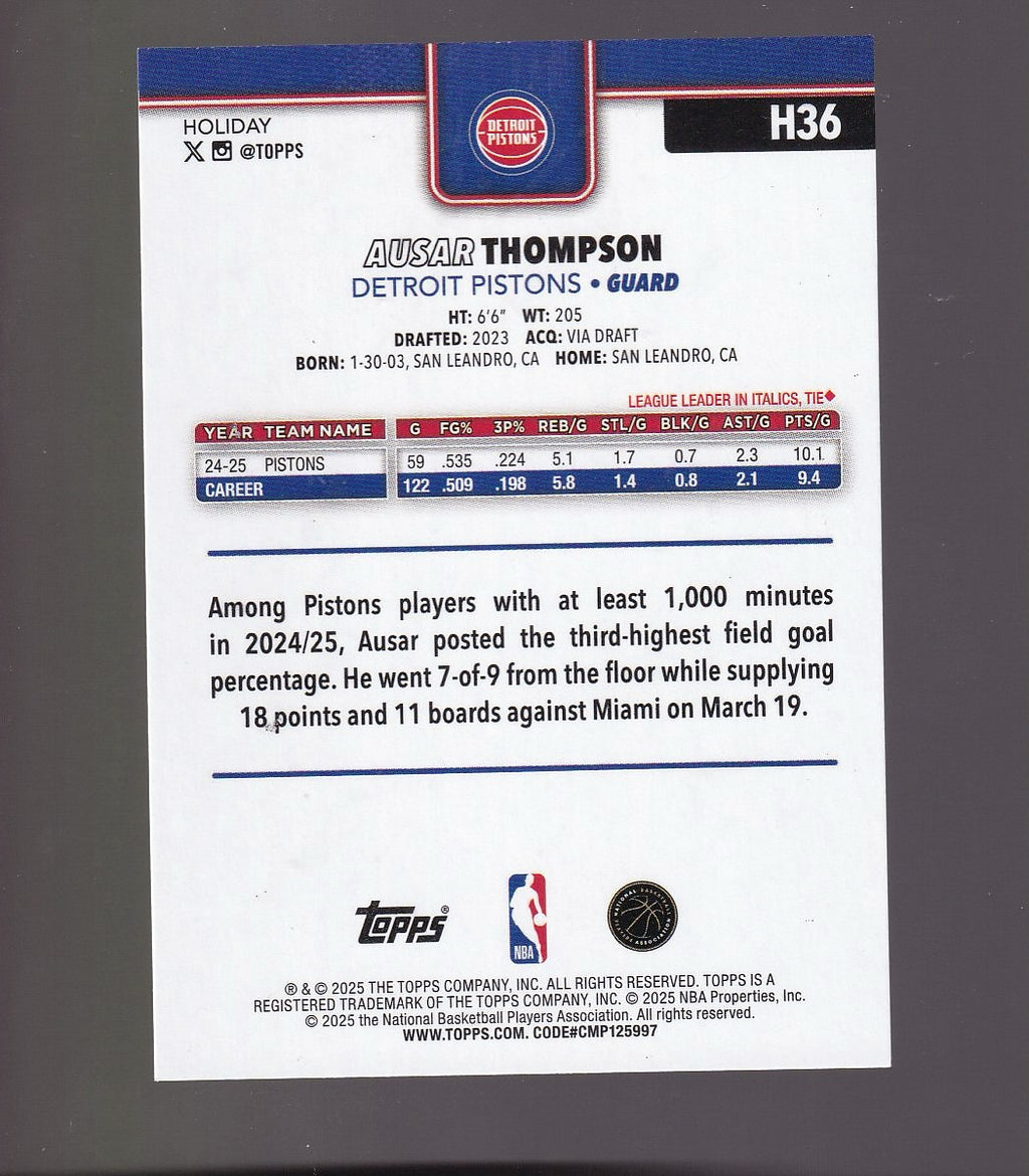 2025-26 Topps Holiday #H36 Ausar Thompson Light Blue and White Glitter Holiday