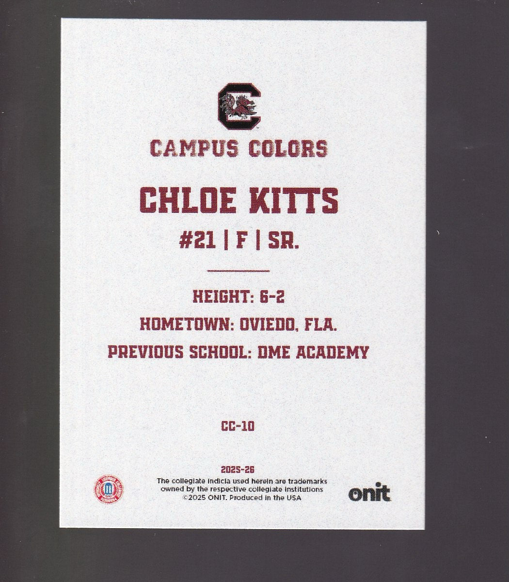2025-26 ONIT Athlete SC Gamecocks #CC-10 Chloe Kitts Campus Colors Holo