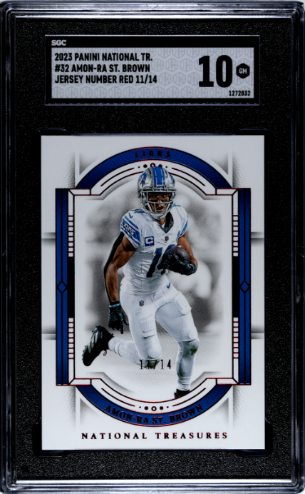 2023 National Treasures #32 Amon-Ra St. Brown Jersey Number Red /14 SGC 10