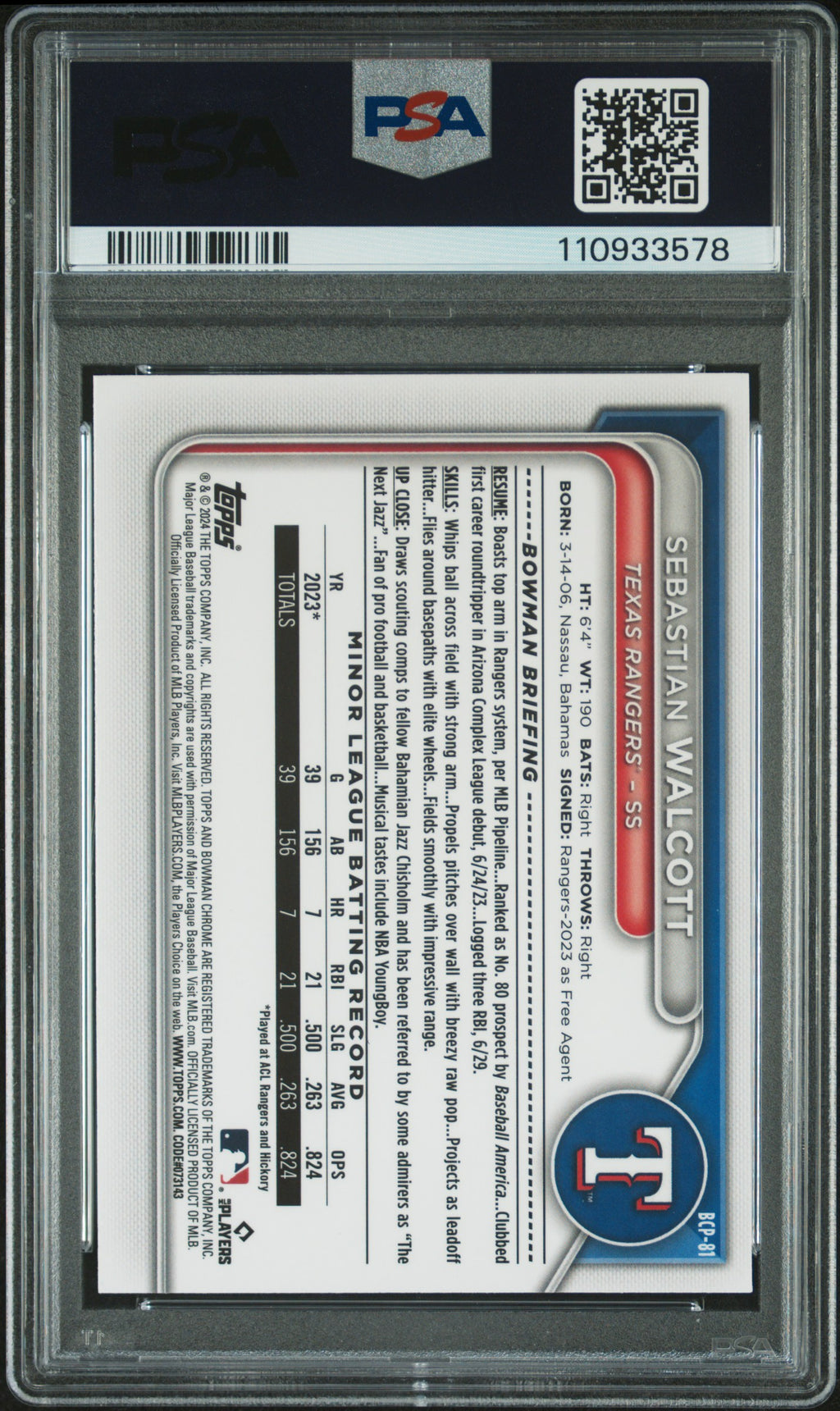 2024 Bowman Sapphire Chrome Prospects #BCP81 Sebastian Walcott PSA 9