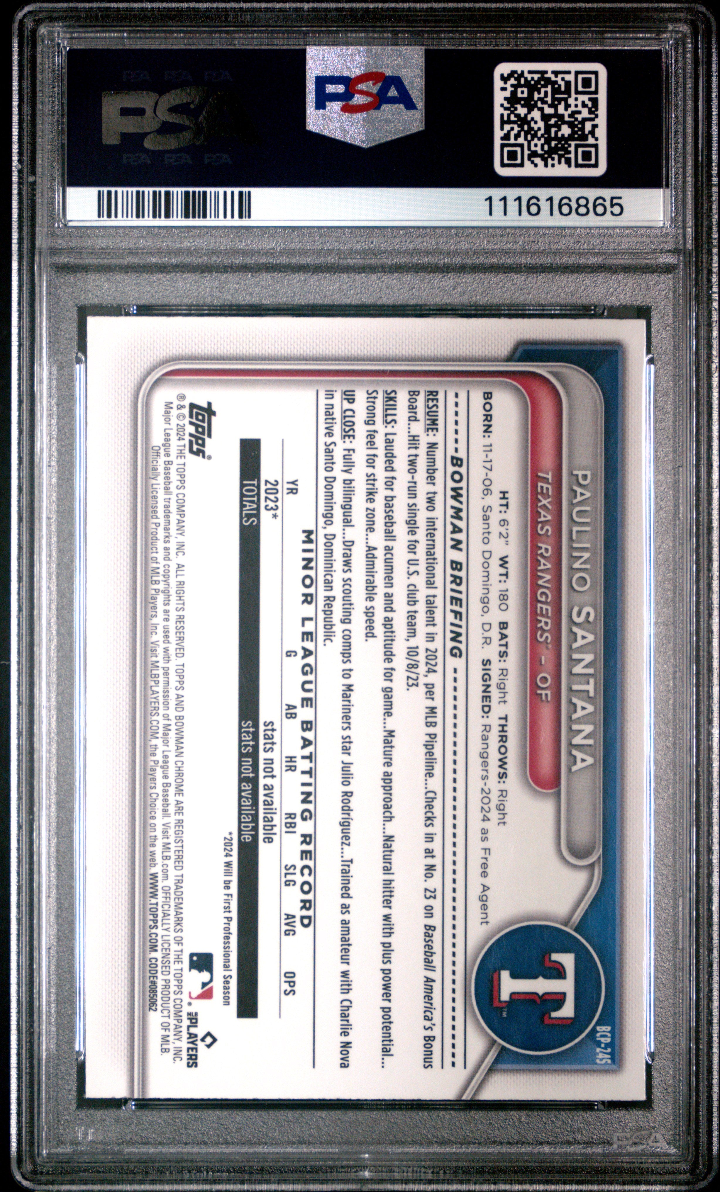 2024 Bowman Chrome Prospects #BCP245 Paulino Santana Yellow Refractor PSA 8 #/75