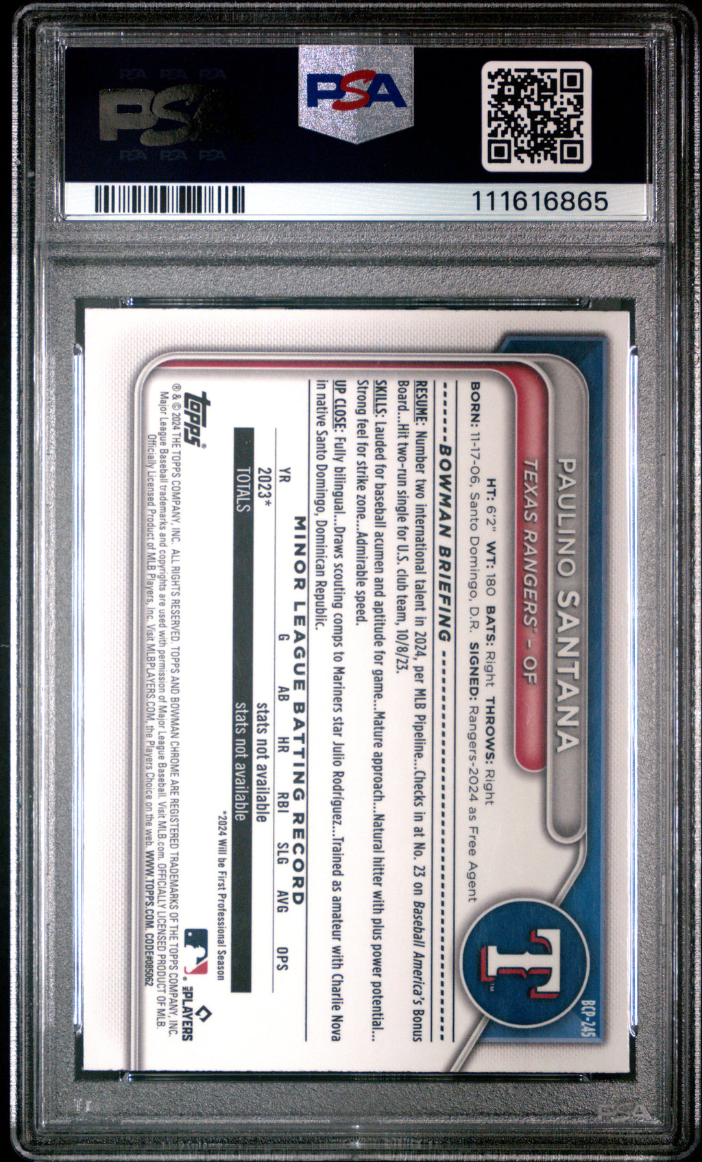 2024 Bowman Chrome Prospects #BCP245 Paulino Santana Yellow Refractor PSA 8 #/75