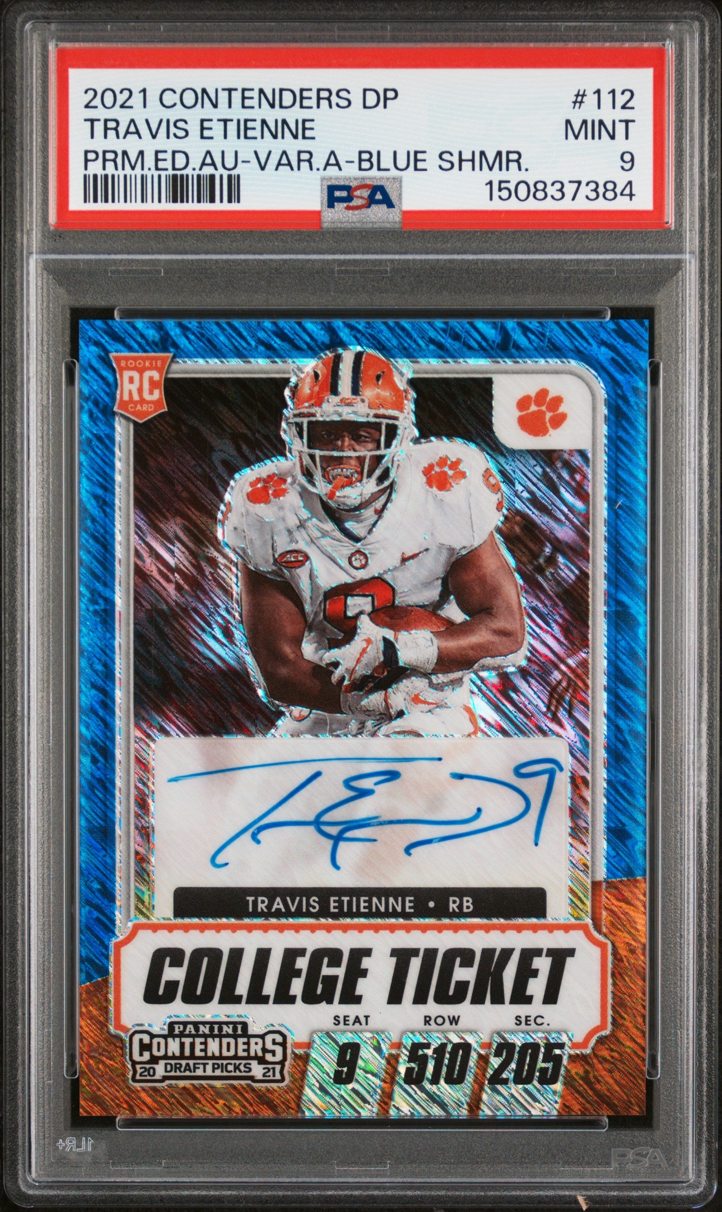 2021 Contenders Draft Picks #112 Travis Etienne Au-Var.A-Blue Shmr. PSA 9 #/27