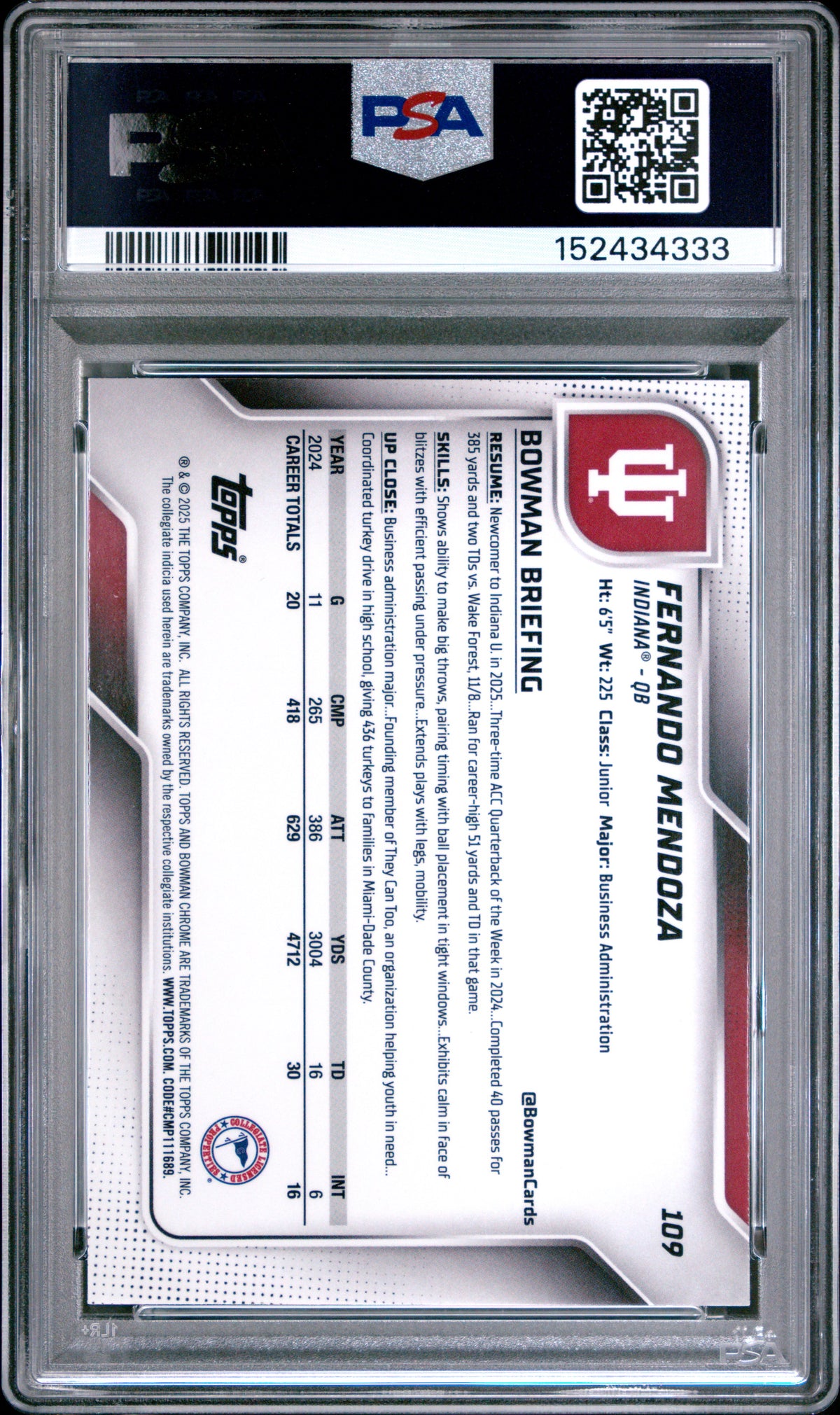 2025 Bowman University Chrome #109 Fernando Mendoza Shimmer PSA 9