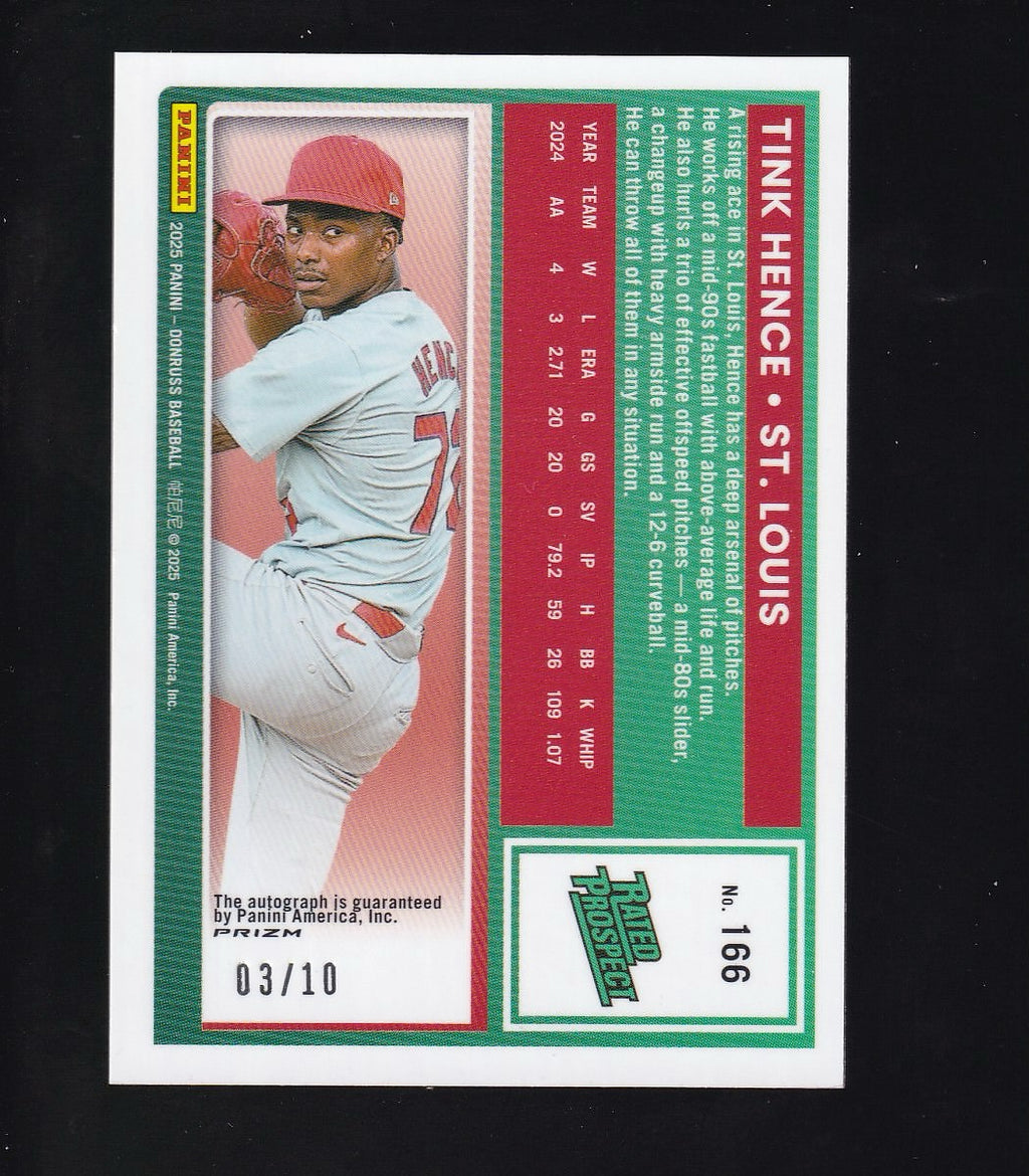 2025 Donruss #166 Tink Hence Rated Prospects Optic Signatures Gold Velocity #/10
