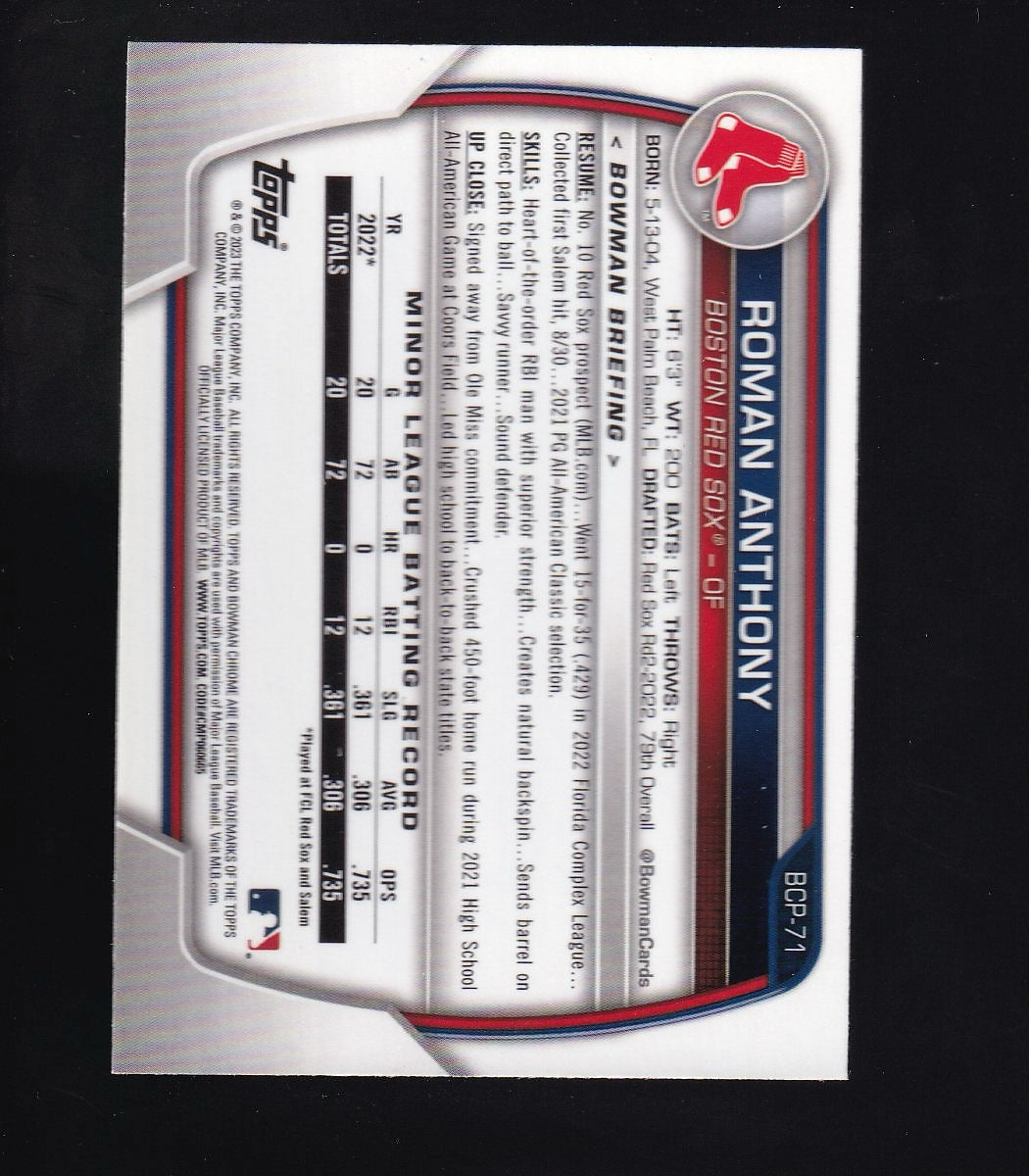 2023 Bowman #BCP-71 Roman Anthony Chrome Prospects