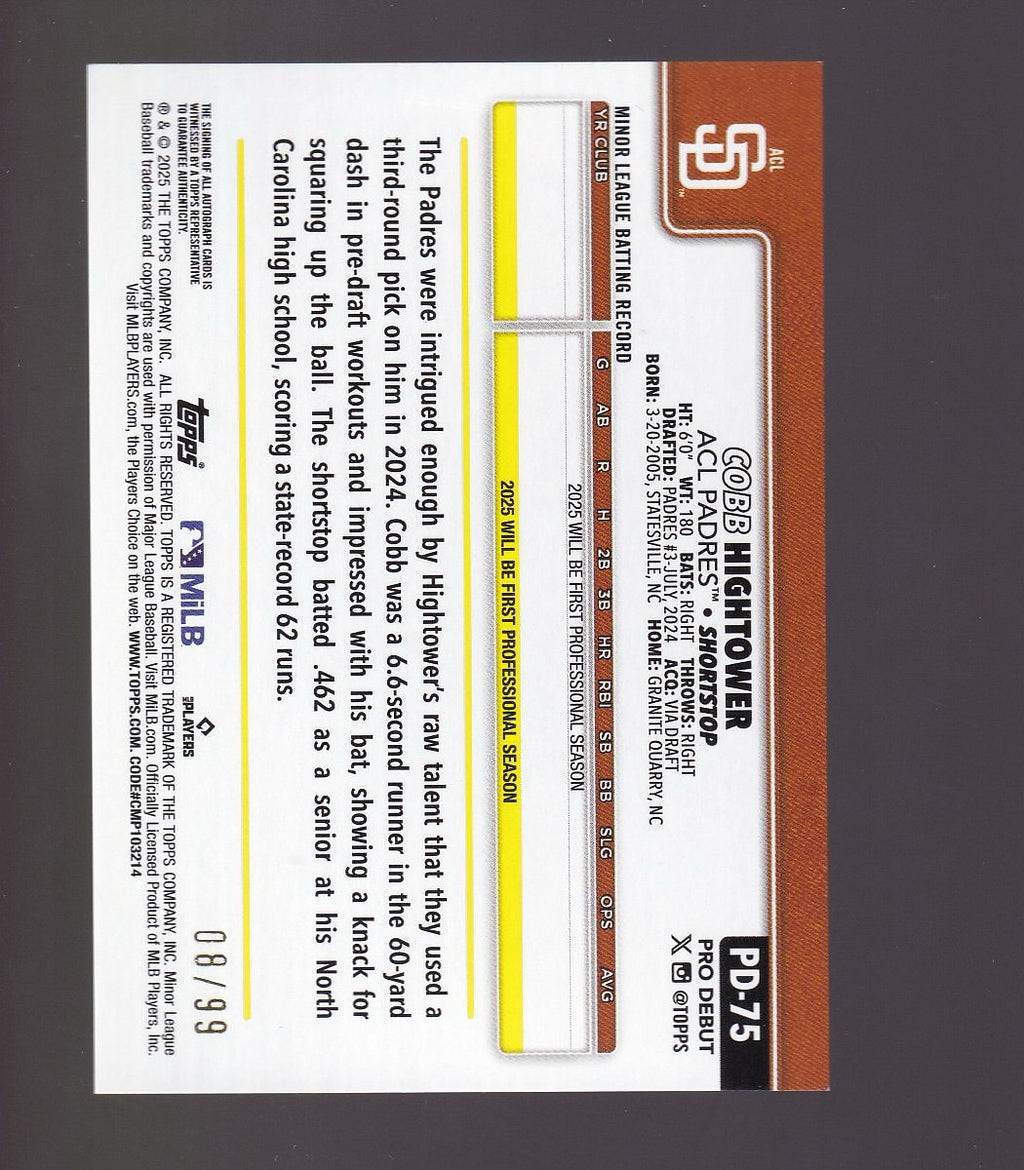 2025 Topps Pro Debut #PDC-75 Cobb Hightower Chrome Auto Green Refractors