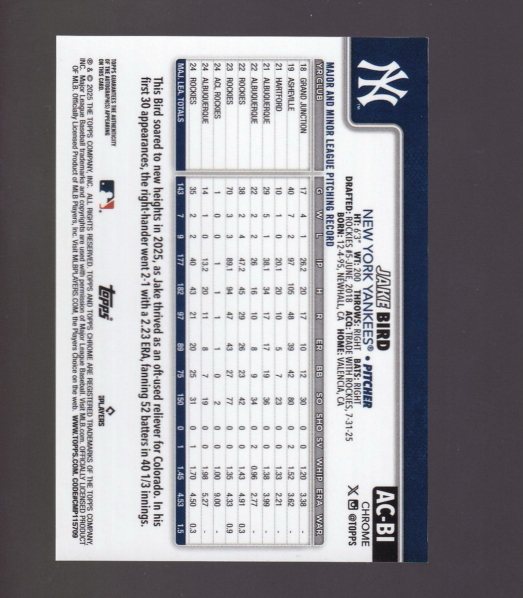 2025 Topps Chrome Update #AC-BI Jake Bird Autographs Blue RayWave Refractors