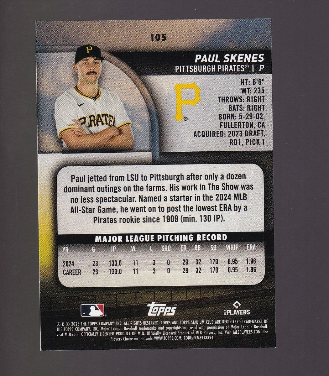 2025 Stadium Club #105 Paul Skenes Red Foil