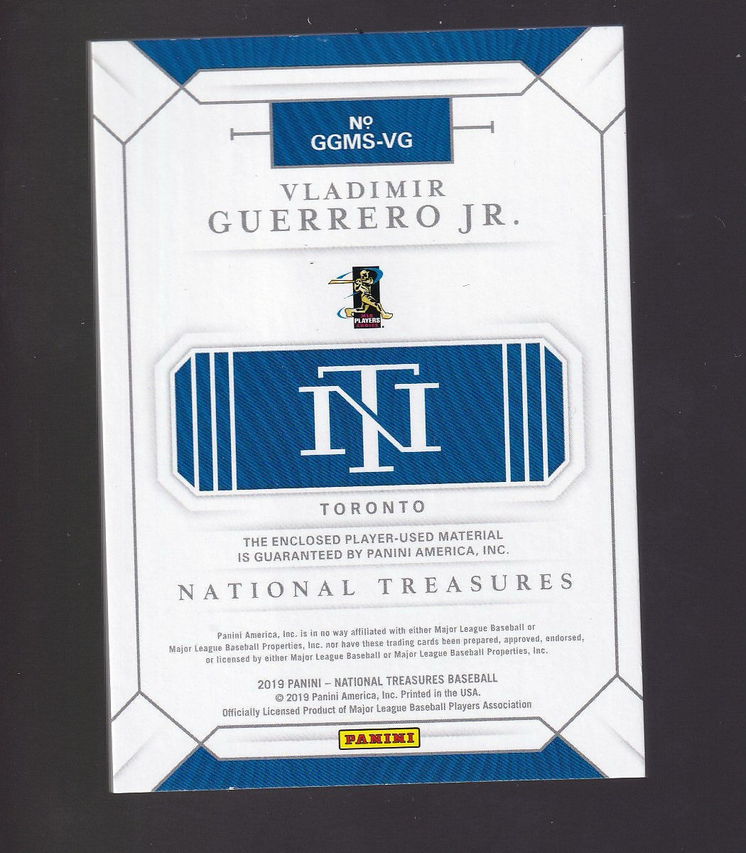 2019 National Treasures #GGMS-VG Vladimir Guerrero Jr. Game Mat Sixes Gold #/25
