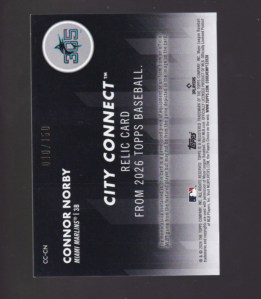 2026 Topps #CC-CN Connor Norby City Connect Swatch Collection Relics Blue #/150