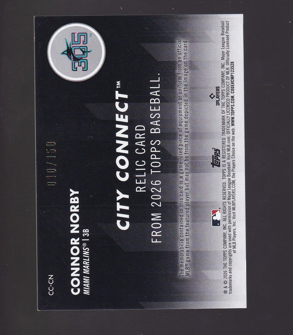 2026 Topps #CC-CN Connor Norby City Connect Swatch Collection Relics Blue #/150