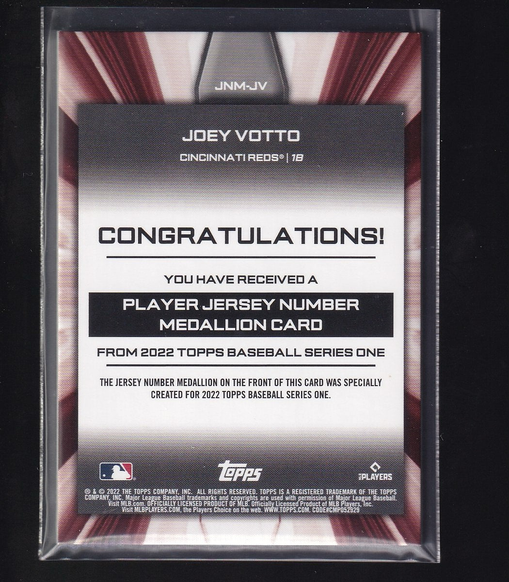 2022 Topps #JNM-JV Joey Votto Jersey Number Medallion Commemorative Relics